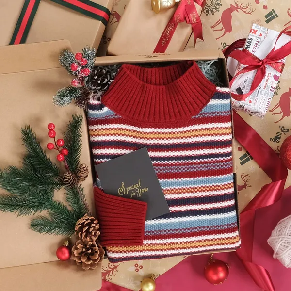 Pull rayé rouge, bleu, blanc et jaune à col montant, plié dans une boîte en carton, entouré de paquets, de branches de sapin et de pommes de pin.